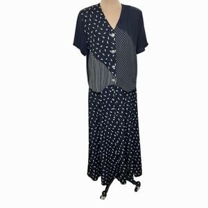 Jaclyn T San Francisco 2 Piece Skirt Set Women Top L Skirt M Navy Blue White Vtg